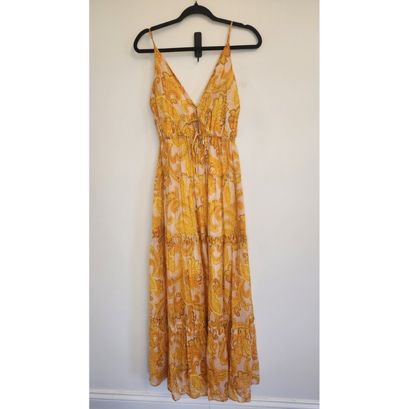 MINKPINK Blaise Sun Dress Golden Paisley Tiered Maxi Dress Lace Up V Neck Small - Picture 2 of 8